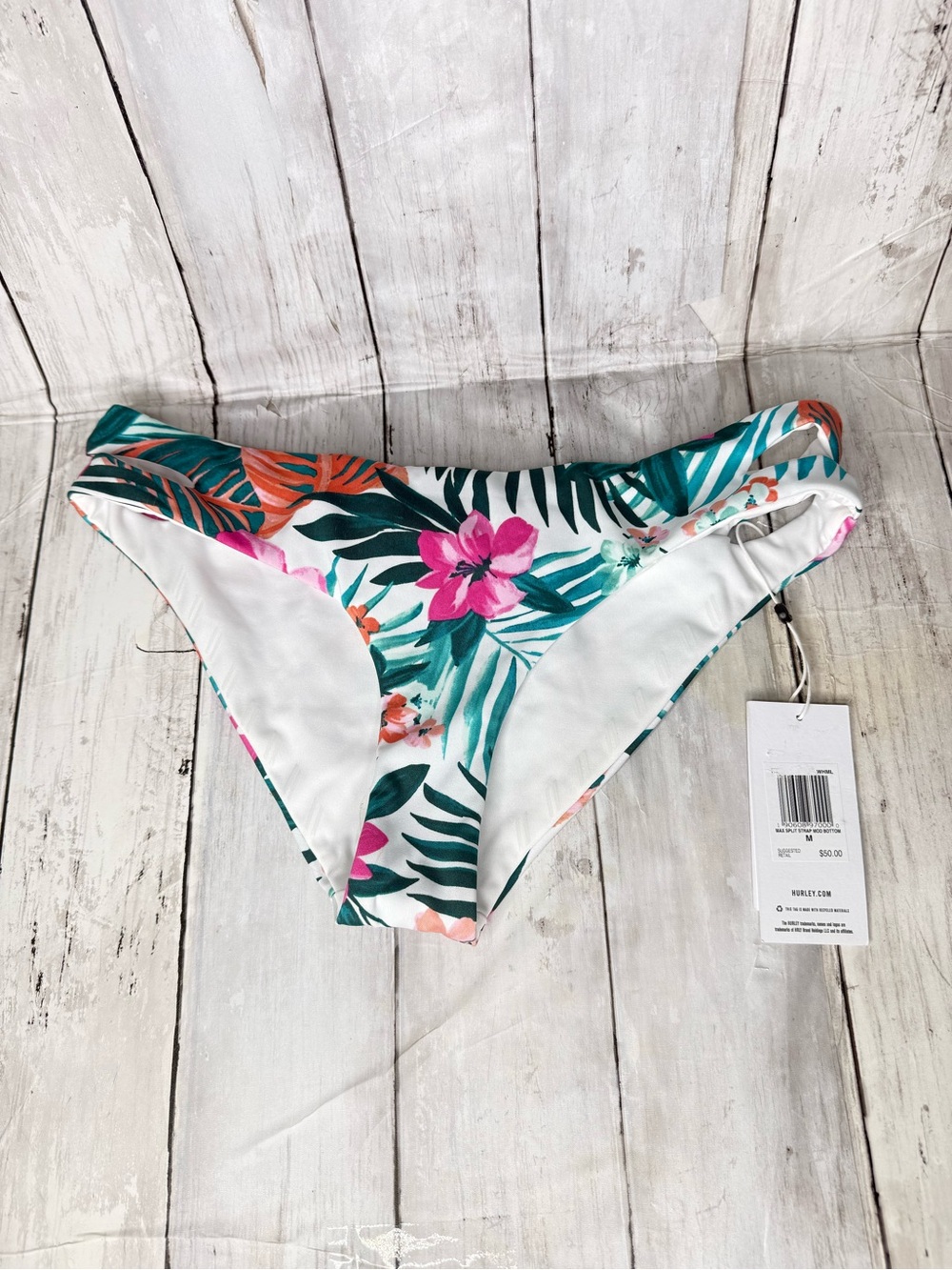 Hurley Tropical Floral Bikini Bottoms in White, Green, Pink, Orange